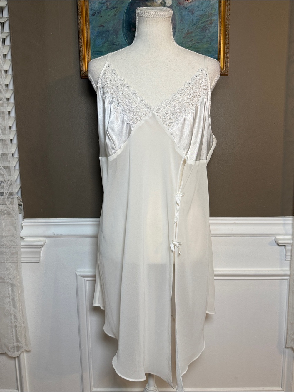 Delicates 1X White Chiffon Lace Sequin Split Slip Dress Lingerie